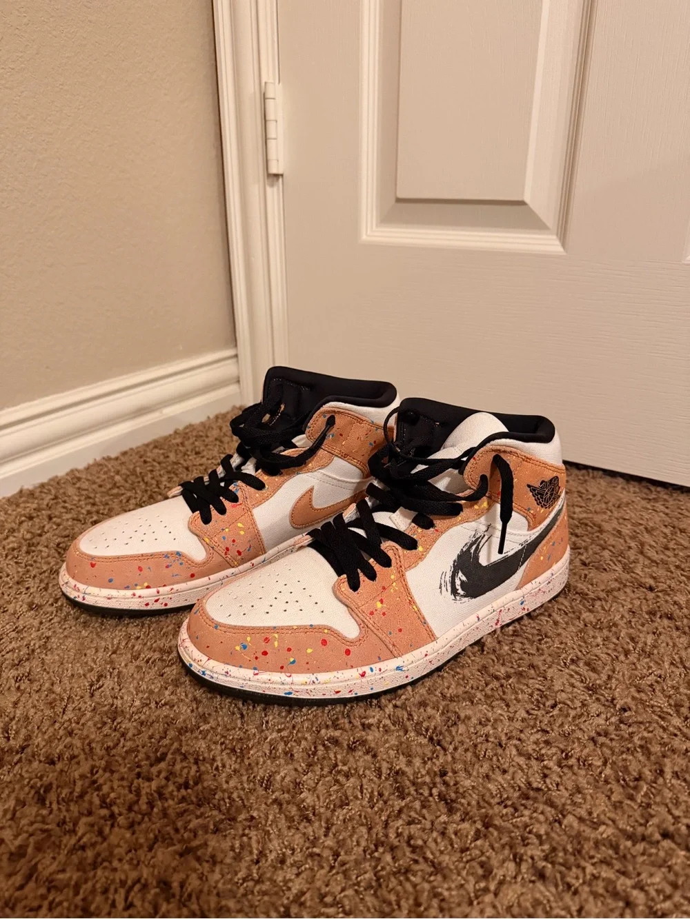 Jordan Kids High-Top Sneakers in White, Tan & Black with Multicolor Splatter